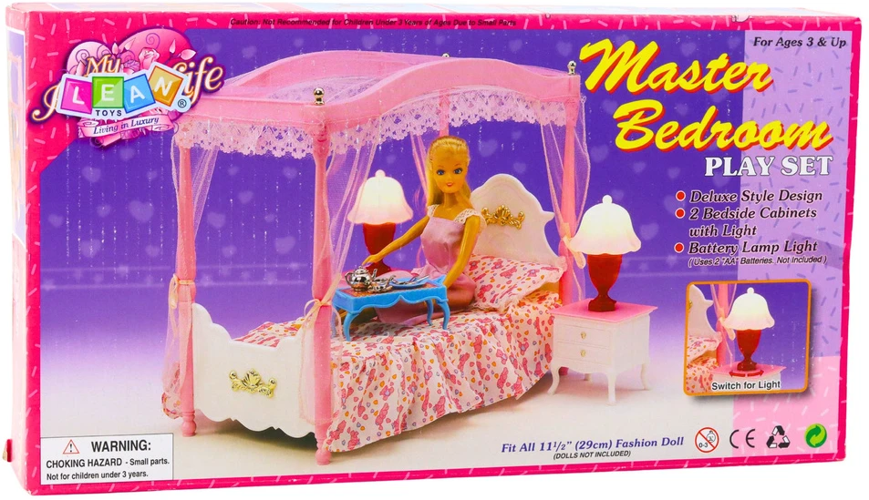 Lean Toys Lėlių miegamojo baldų komplektas su baldakimu