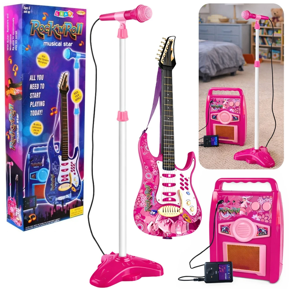 Lean Toys Elektrinė gitara su mikrofonu ir stiprintuvu – muzikiniam kūrybiškumui ir žaidimams.