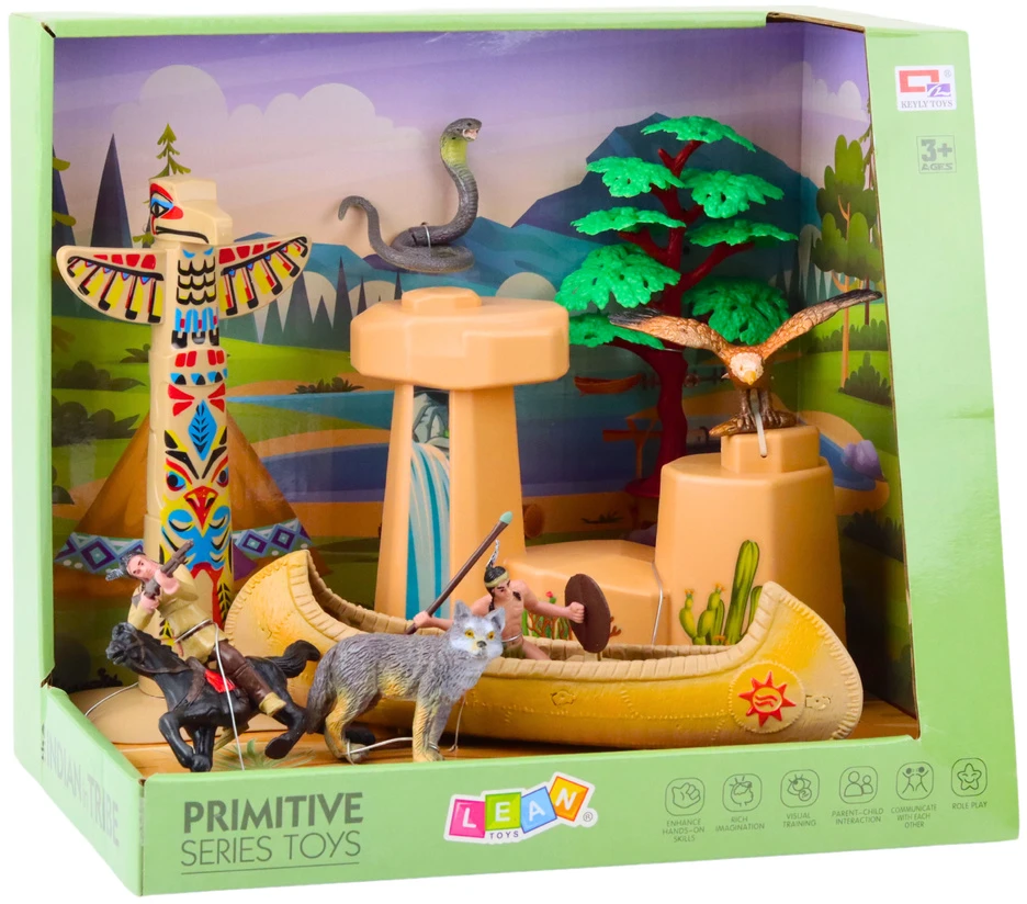 Lean Toys Indėnų figūrėlių rinkinys su kanoja ir totemu