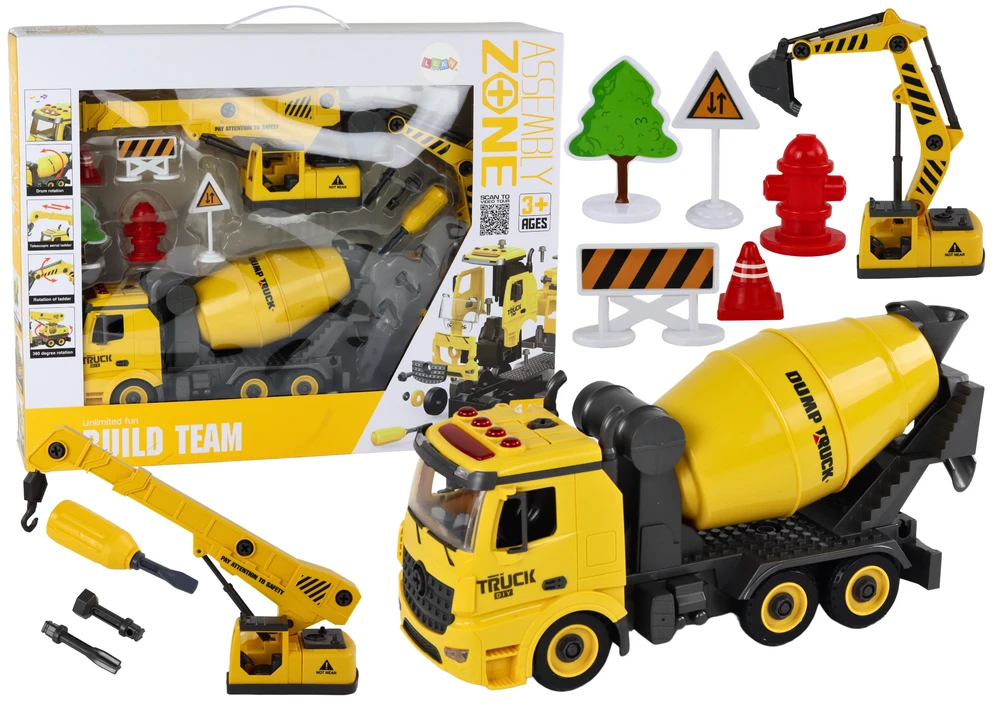Žaislinis betono maišyklės sunkvežimis su priedais Lean Toys, geltonas, 11 d.