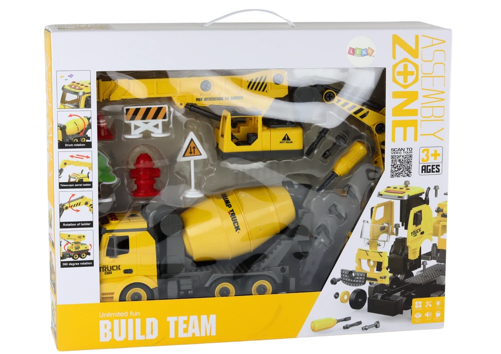 Žaislinis betono maišyklės sunkvežimis su priedais Lean Toys, geltonas, 11 d.