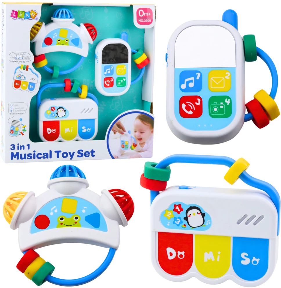 Lean Toys Muzikinių žaislų rinkinys kūdikiams: telefonas, tambūrinas, rakteliai