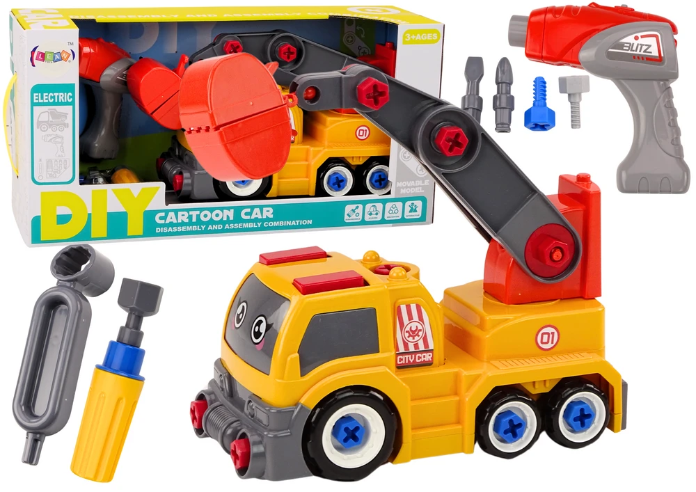 Lean Toys Oranžinis vaikiškas sunkvežimis su kranu ir įrankių rinkiniu