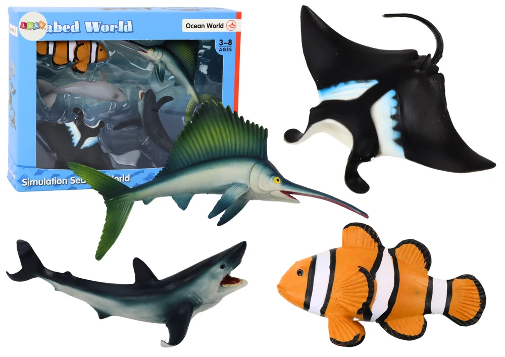 Lean Toys Jūros Gyvūnų Figūrėlių Rinkinys: Ryklys, Delfinas, Rajus, 5 vnt.