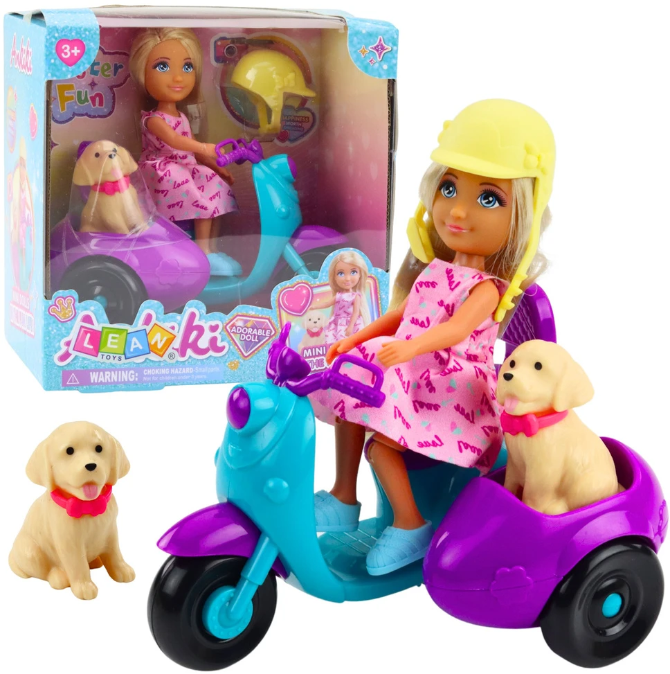 Lean Toys Lėlė Ankiki su triračiu motoroleriu ir šuneliu