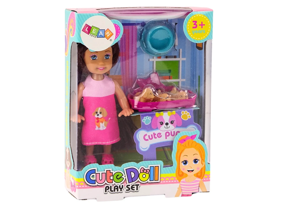 Lean Toys Lėlė su ilgais plaukais ir trimis šuniukais guolyje