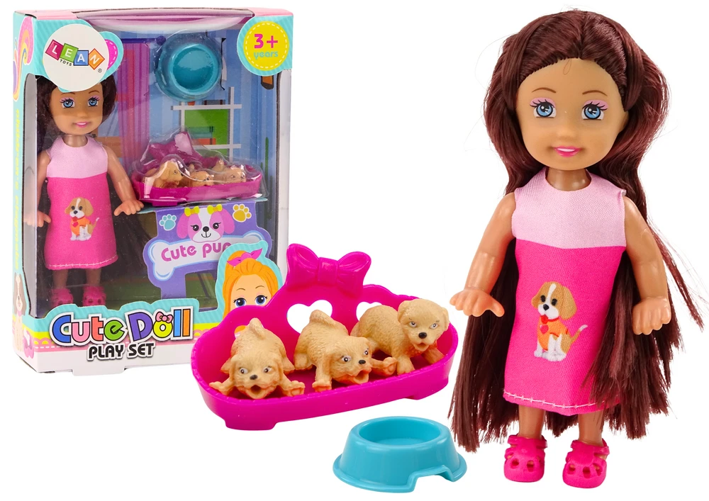 Lean Toys Lėlė su ilgais plaukais ir trimis šuniukais guolyje