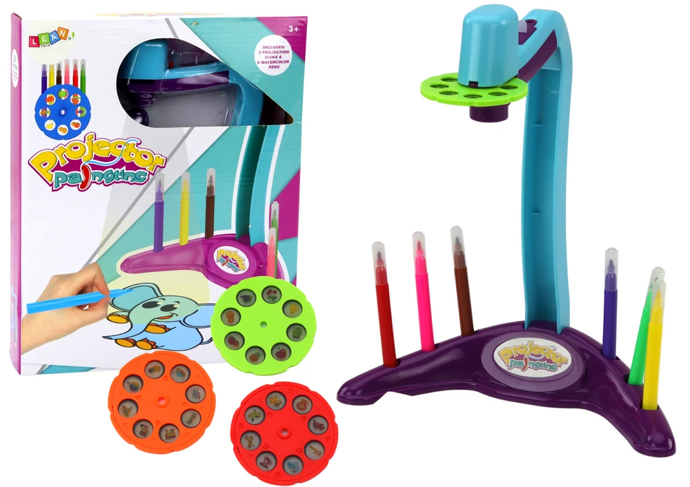 Lean Toys Piešimo projektorius su 3 keičiamais diskais ir žymekliais