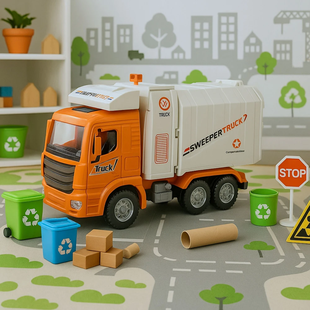 Lean Toys Žaislinis šiukšliavežis su šviesomis ir garsais, oranžinis