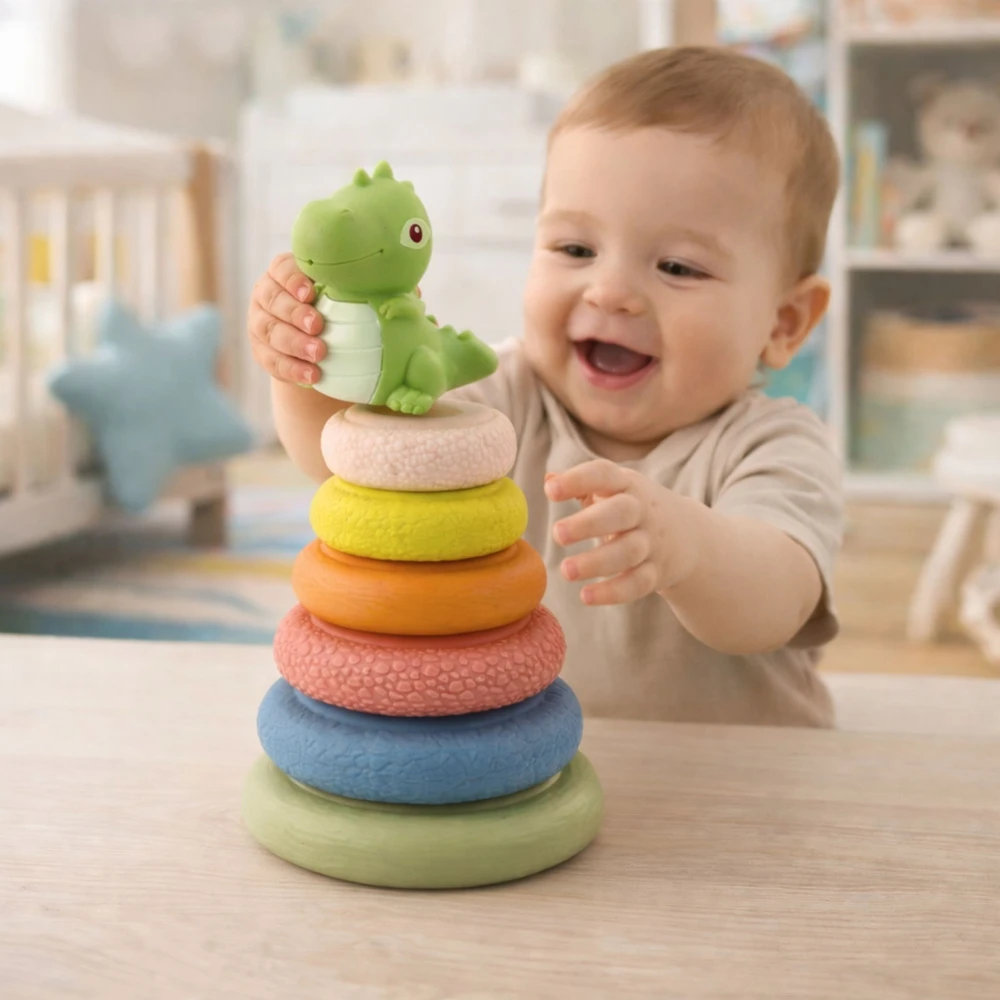 Lean Toys Sensorinė piramidė vaikams su dinozauru, ECO guminė