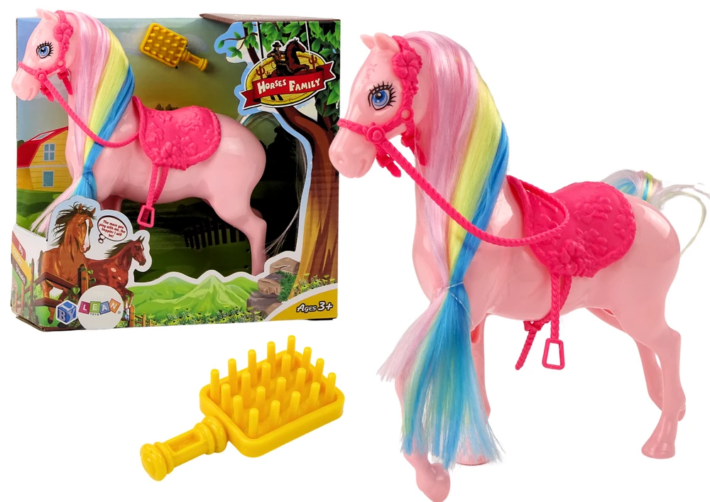 Lean Toys Spalvotas žirgas su rausvu balnu ir šepečiu
