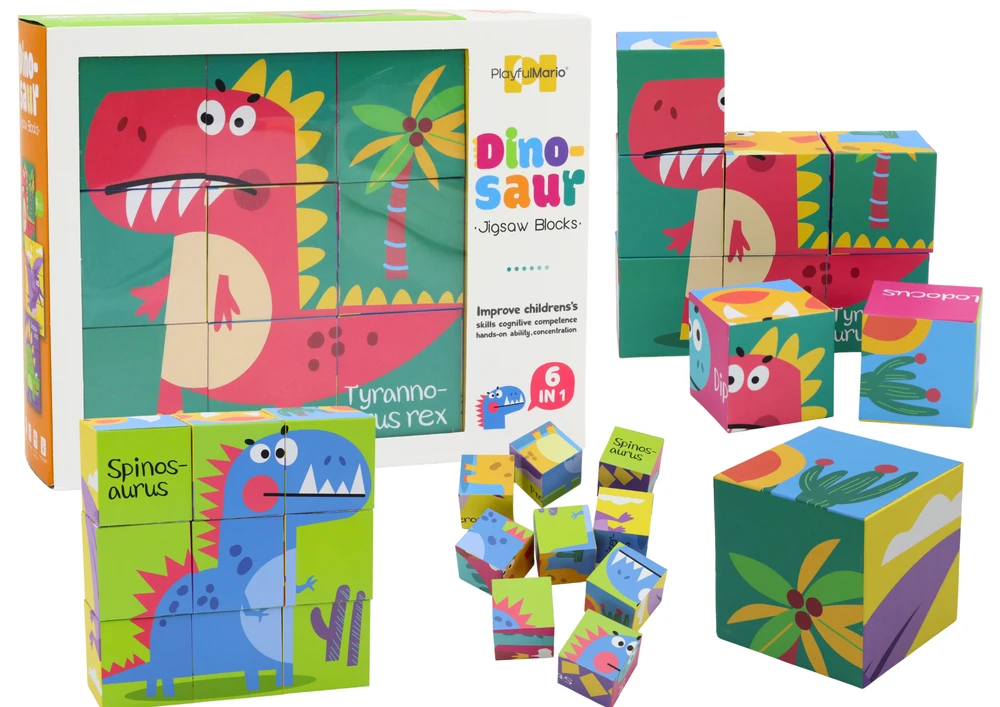 Lean Toys Spalvotos dėlionės blokai dinozaurai 6in1, 9 el.