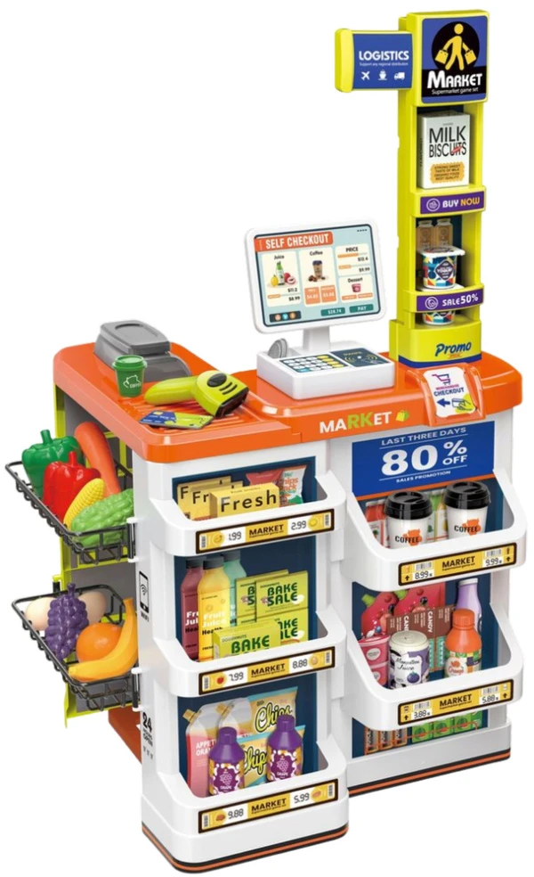 Lean Toys Vaikų parduotuvės žaidimų rinkinys su kasa ir vežimėliu
