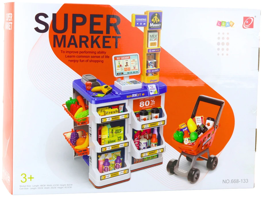 Lean Toys Vaikų parduotuvės žaidimų rinkinys su kasa ir vežimėliu
