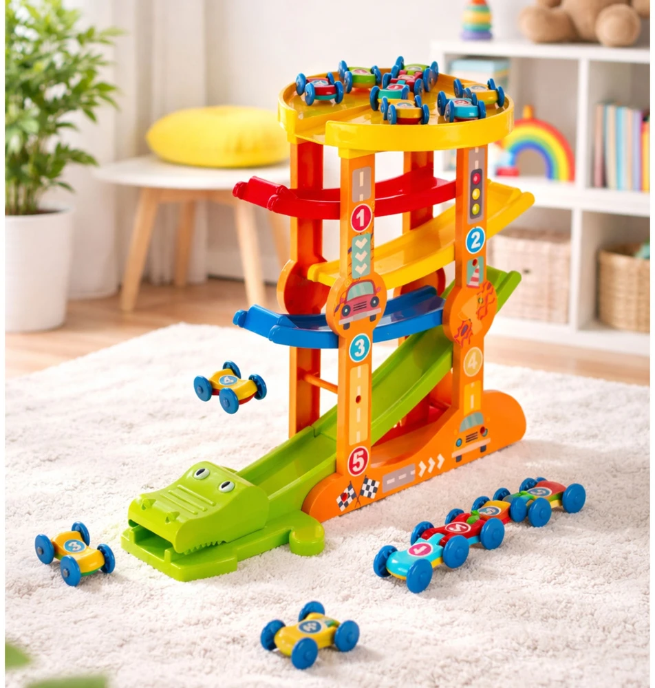 Lean Toys Automobiliukų trasa su paleidėju 5 lygiai