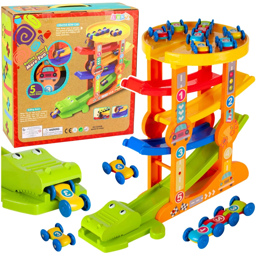 Lean Toys Automobiliukų trasa su paleidėju 5 lygiai