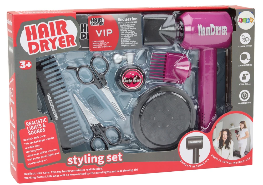 Lean Toys Vaikų kirpyklos rinkinys su plaukų džiovintuvu, 10 dalių