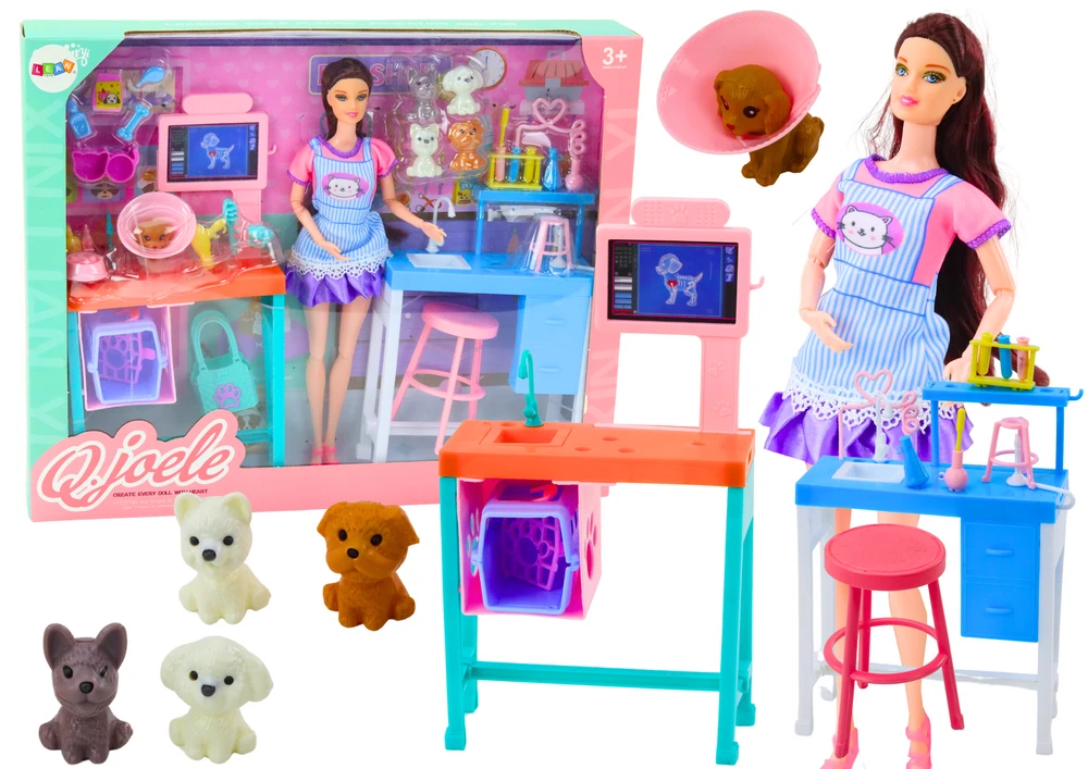 Lean Toys Lėlių veterinarijos priežiūros rinkinys su biuro baldais ir gyvūnais