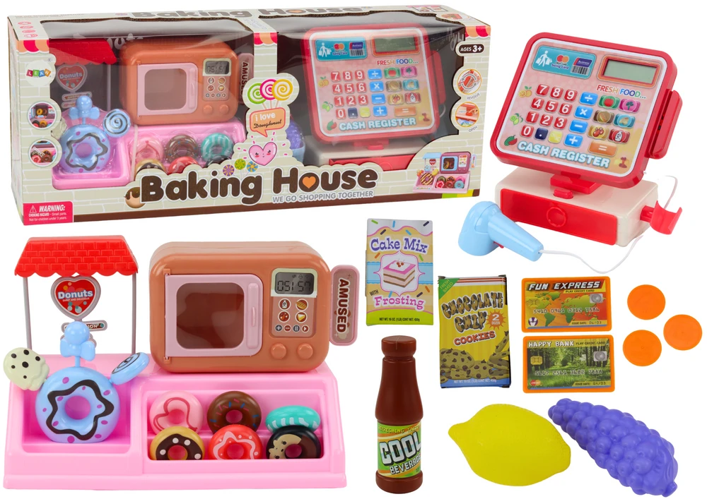 Lean Toys Žaidimų rinkinys su spurgų parduotuvės kasa ir mikrobangų krosnele