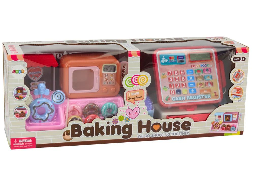Lean Toys Žaidimų rinkinys su spurgų parduotuvės kasa ir mikrobangų krosnele