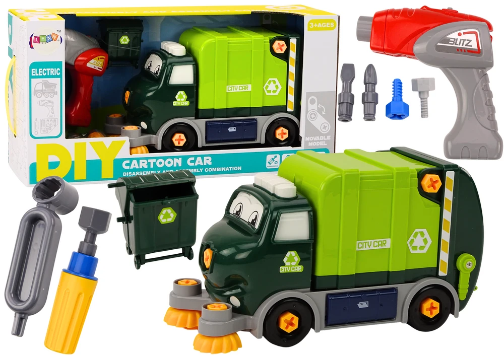 Lean Toys Žalias vaikiškas surenkamas šiukšliavežis su įrankiais