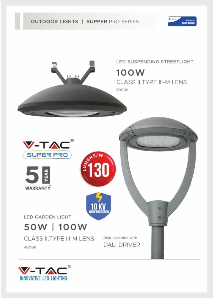 100W gatvės šviestuvas V-TAC, 2 klasė, 4000K, SAMSUNG LED chip