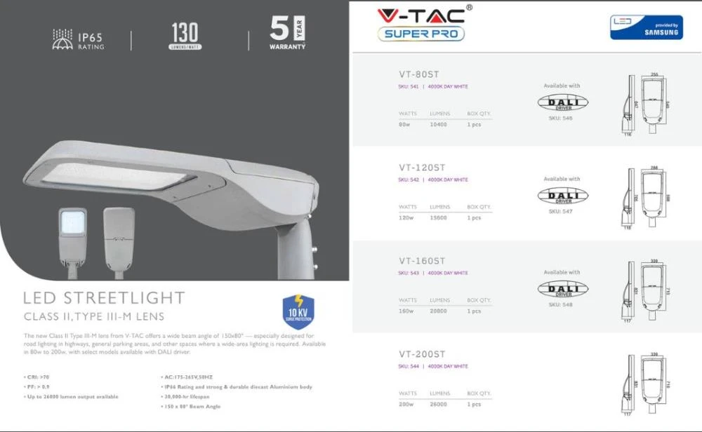 160W gatvės šviestuvas V-TAC, 2 klasė, 4000K (natūraliai balta), SAMSUNG LED chip