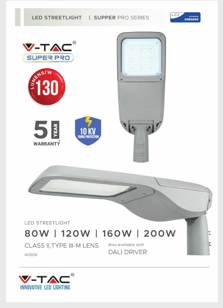 160W gatvės šviestuvas V-TAC, 2 klasė, 4000K (natūraliai balta), SAMSUNG LED chip
