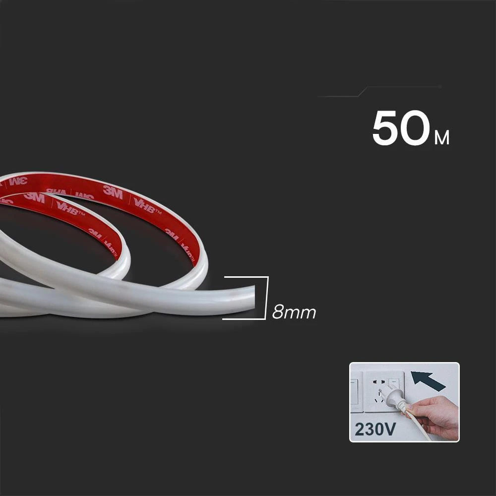 V-tac 12,5W/m LED juosta, 220V, 3000K, IP65, 50m ritė