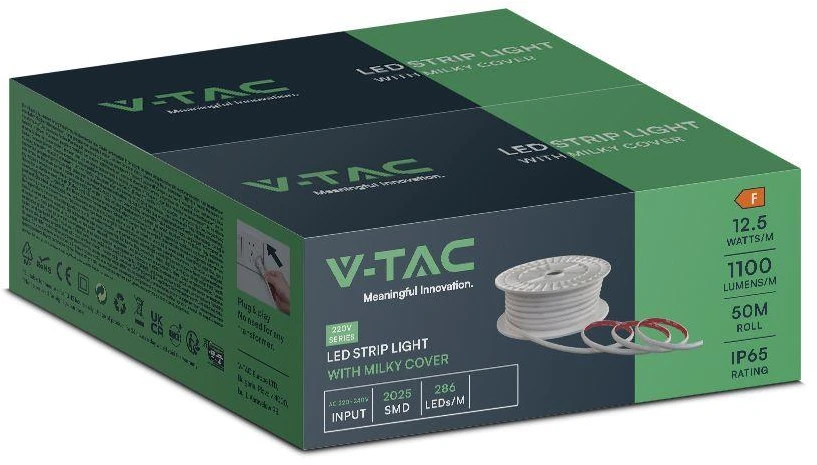 V-tac 12,5W/m LED juosta, 220V, 3000K, IP65, 50m ritė