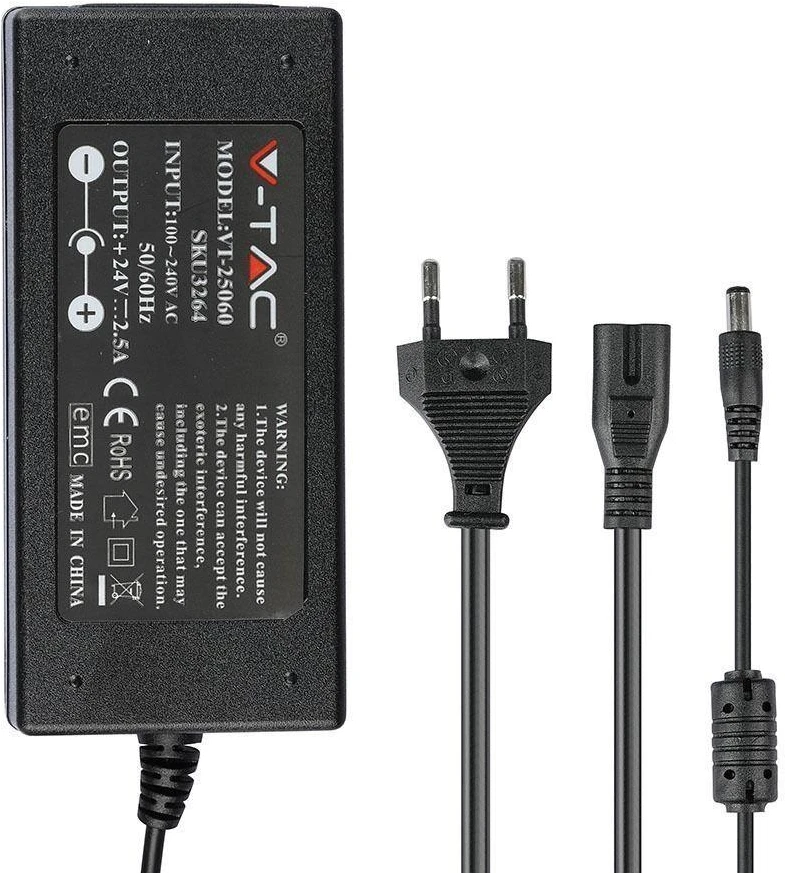 V-tac 10W/m LED juosta, 420LED/m, IP20, 3000K, 5m, su 60W maitinimo šaltiniu, 24V, 2.5A, IP44