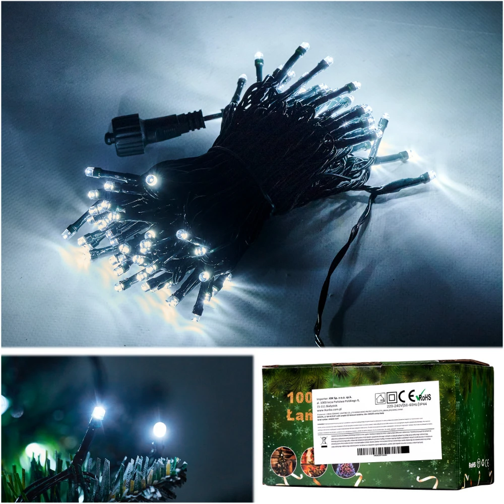 Roger LED žibintai šviesos grandinė 10m 100LED šaltai balta