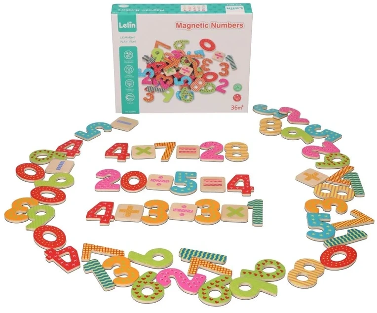 Lelin Magnetinės medinės skaitmenys edukacinei matematikos žaidimui, vaikams nuo 3 metų, 60 vnt. spalvoti