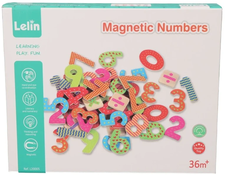 Lelin Magnetinės medinės skaitmenys edukacinei matematikos žaidimui, vaikams nuo 3 metų, 60 vnt. spalvoti
