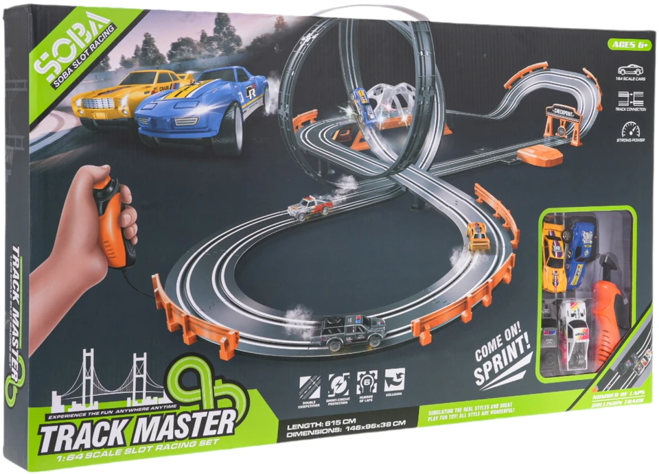 Lenktynių trasa TRACK MASTER su apšvietimu ir priedais 615 cm