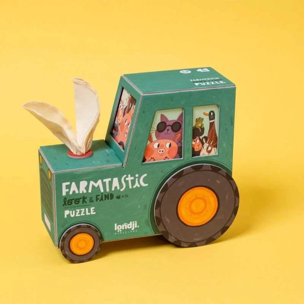Londji Farmtastic 36 dalių lavinamoji ūkio gyvūnų dėlionė su stebėjimo žetonais, vaikams nuo 3 metų, traktoriaus dėžutėje