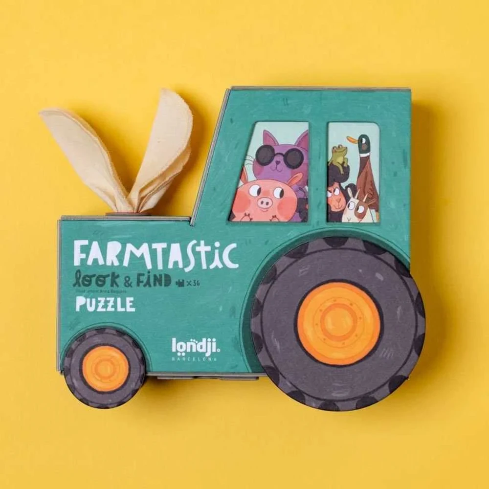Londji Farmtastic 36 dalių lavinamoji ūkio gyvūnų dėlionė su stebėjimo žetonais, vaikams nuo 3 metų, traktoriaus dėžutėje