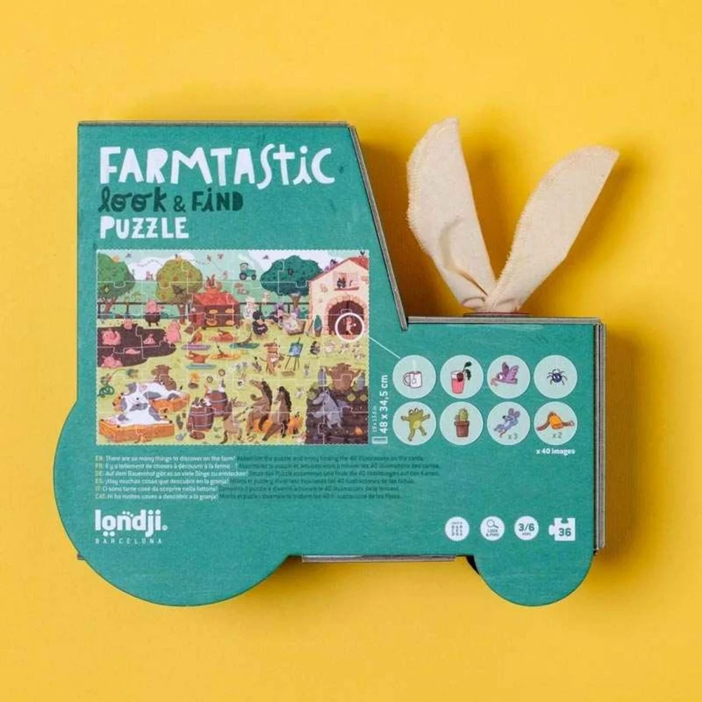 Londji Farmtastic 36 dalių lavinamoji ūkio gyvūnų dėlionė su stebėjimo žetonais, vaikams nuo 3 metų, traktoriaus dėžutėje