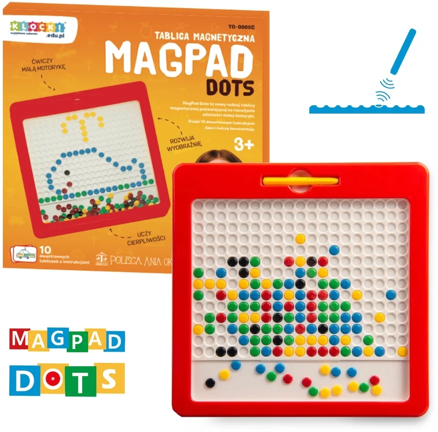 Magnetinė piešimo lenta MagPad Dots vaikams nuo 3 metų, lavina smulkiąją motoriką, raudona
