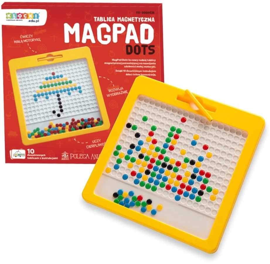 Magnetinė piešimo lenta MagPad Dots vaikams nuo 4 metų, lavina smulkiąją motoriką, su magnetiniu rašikliu, geltona