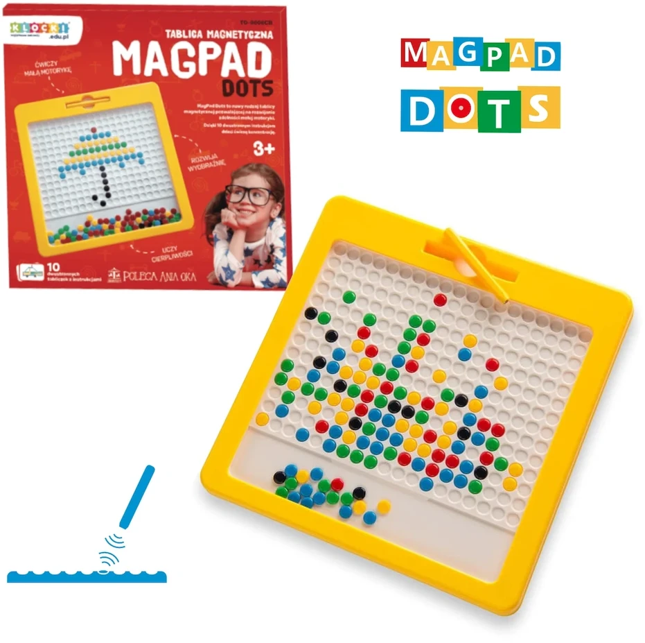 Magnetinė piešimo lenta MagPad Dots vaikams nuo 4 metų, lavina smulkiąją motoriką, su magnetiniu rašikliu, geltona