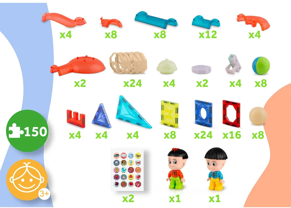 Magnetinės edukacinės konstruktoriaus kaladėlės, šviečiančios, 150 vnt., RK-782 Ricokids