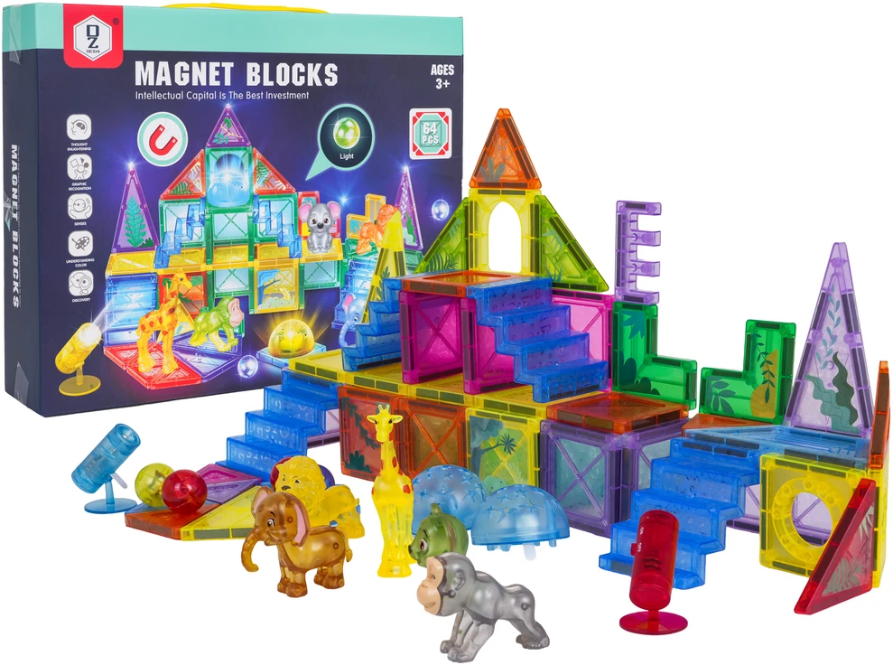 Magnetinių blokelių rinkinys 3D ZOO, 64 vnt