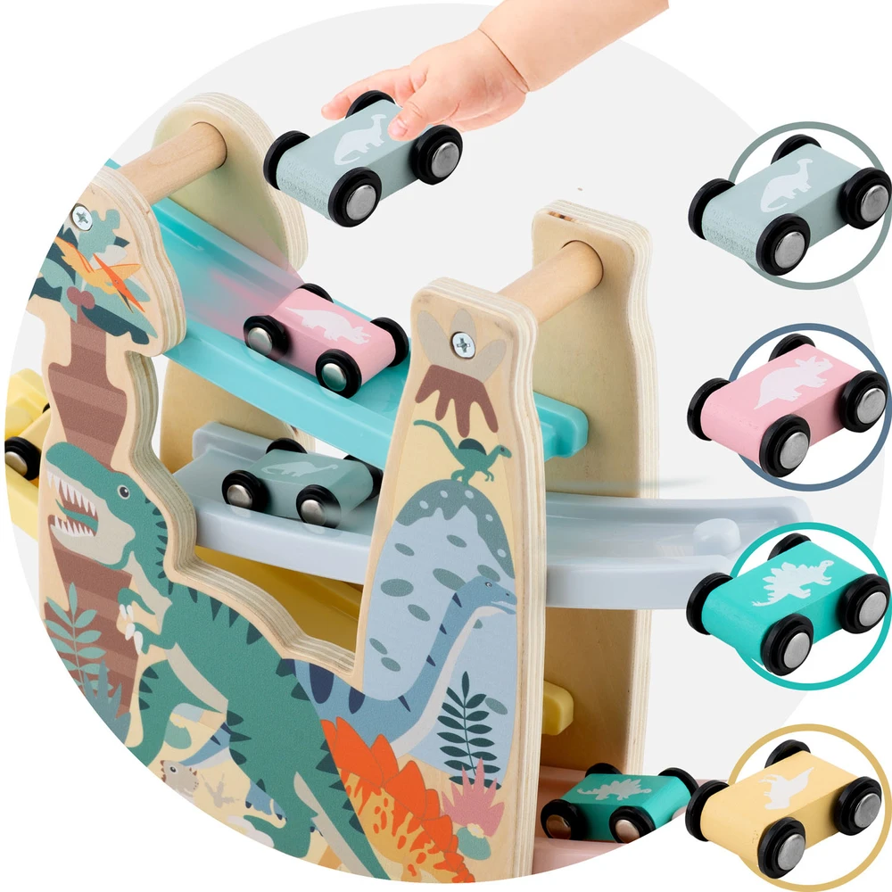 Ricokids Medinė žaislinė čiuožykla - trasa automobiliams su 4 automobiliais
