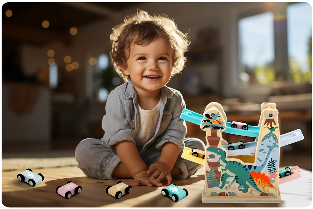 Ricokids Medinė žaislinė čiuožykla - trasa automobiliams su 4 automobiliais