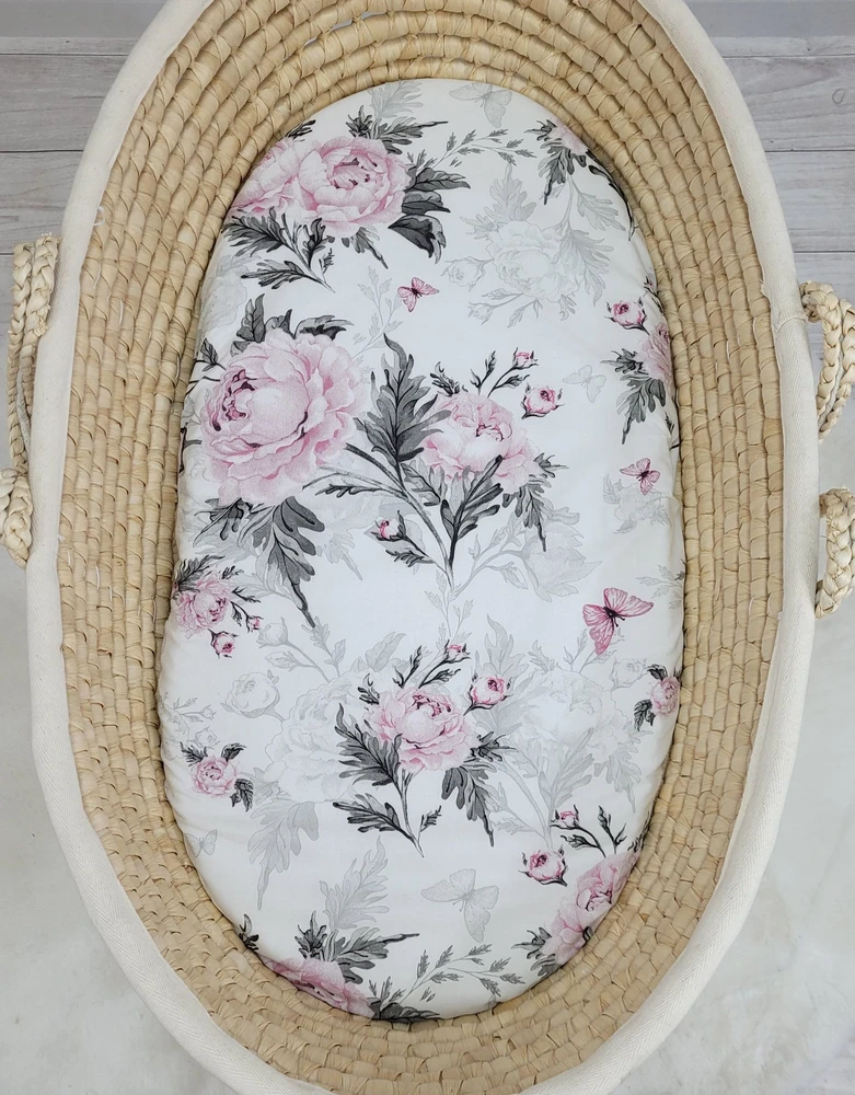 My Sweet Baby Medvilninis patalynės užvalkalas kūdikio lopšiui 75x35 cm, romantinės bijūnų gėlės