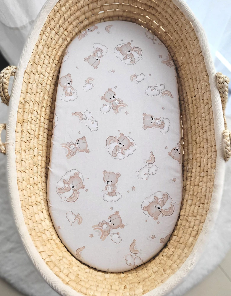 My Sweet Baby Medvilninis patalynės užvalkalas kūdikio lopšiui 75x35 cm, vaivorykštės ir meškiuko raštas, smėlio
