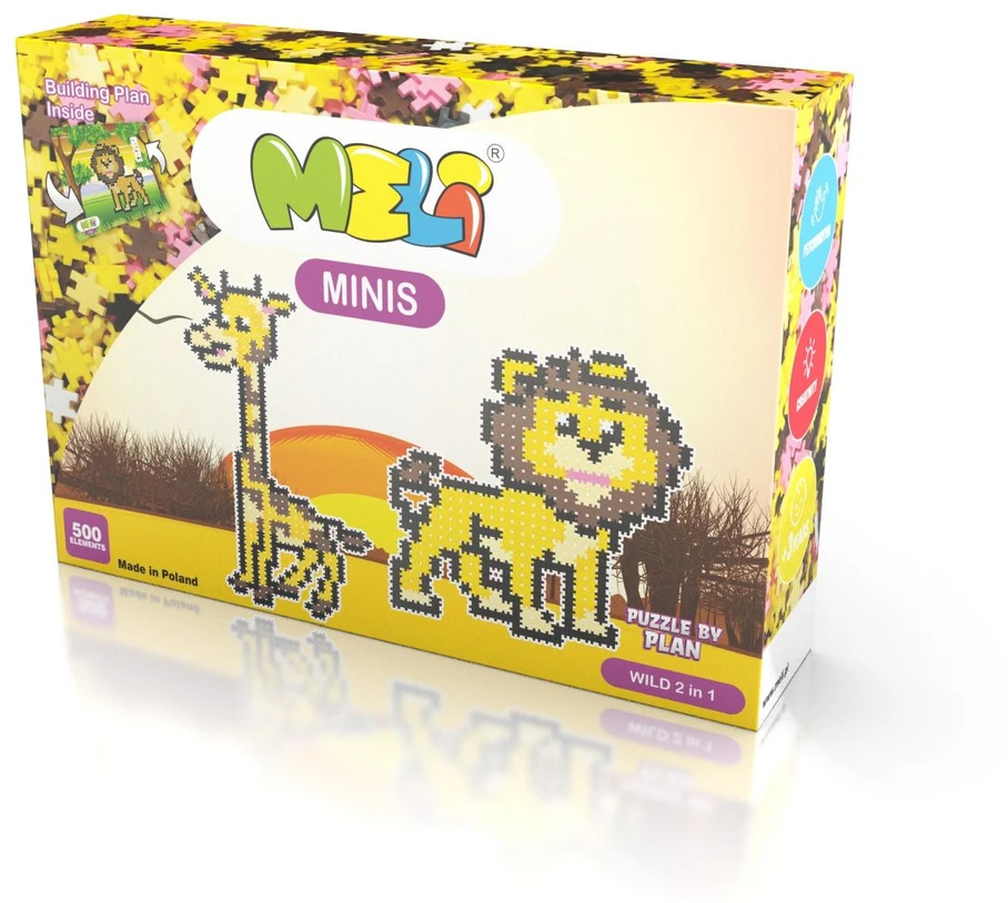 Meli Minis Wild 2in1 kūrybinis kaladėlių rinkinys su 500 elementų, vaikams nuo 3 metų, egzotiškų gyvūnų, spalvotas