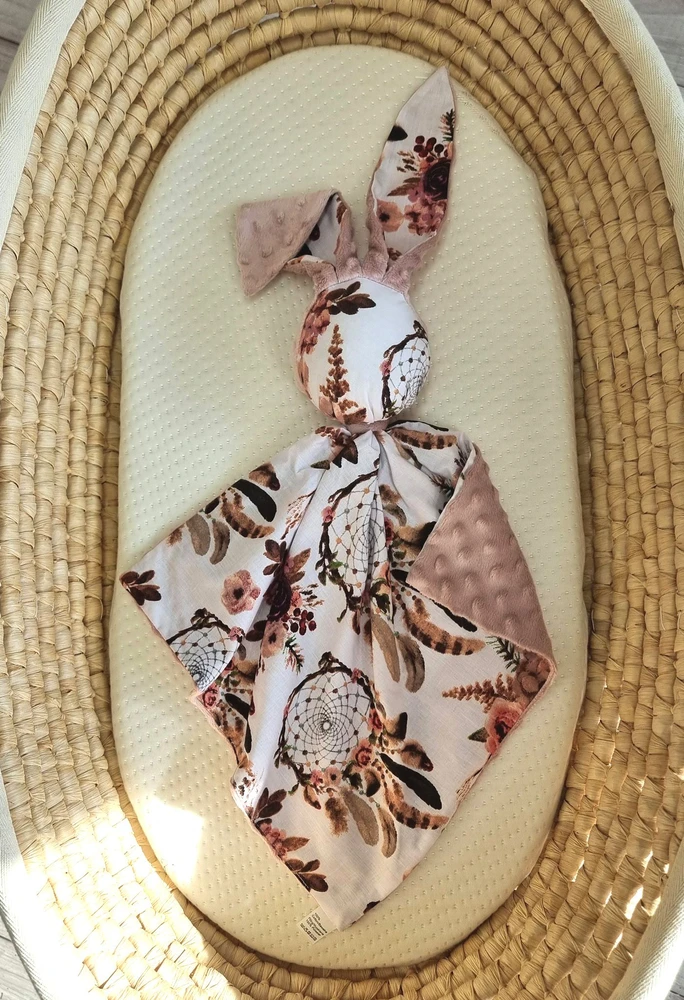 Minkštas dvipusis žaislas kūdikiui, medvilnė ir minky, rožinis gėlių raštas