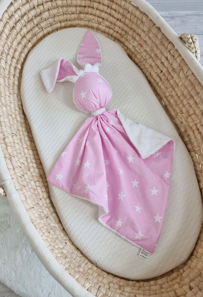 Minkštas dvipusis žaislas kūdikiui, medvilnė ir minky, rožinės žvaigždutės